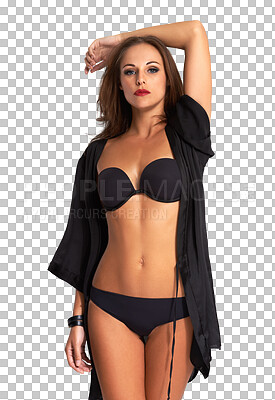 Buy stock photo Woman in underwear, beauty and fashion with portrait, sexy with makeup isolated on png transparent background. Hair, cosmetics and body with attractive female model in black lingerie, skin and glow