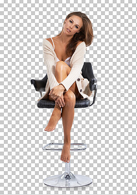 Buy stock photo Chair, portrait and confident woman posing on isolated, transparent and png background. Face, attitude and female model seductive, beautiful and flirting with sexy aesthetic, style or confidence 