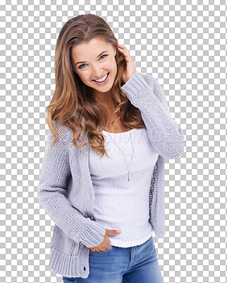 Buy stock photo Fashion, beautiful and portrait of a young woman posing with a casual, trendy and stylish outfit. Happy, smile and female model with positive mindset and style isolated by transparent png background.