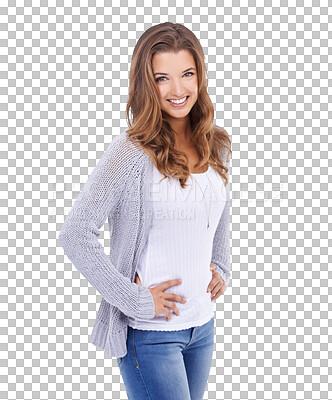 Buy stock photo Woman, happy and portrait with a smile isolated on a transparent, png background. A young female model person from Canada with hands on hips for confidence, positive mindset and natural beauty