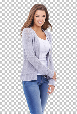 Buy stock photo Portrait, winter fashion and PNG with a woman isolated on a transparent background for trendy style. Happy, smile and lifestyle with an attractive young female person posing in contemporary clothes