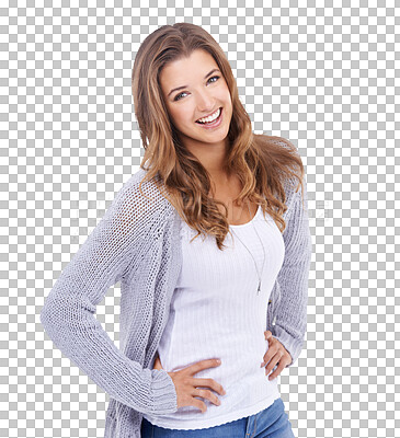 Buy stock photo Smile, happy and portrait of woman with casual fashion, style or clothes isolated in a transparent or png background. Happiness, confident and young female person or model proud, relax and calm