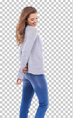 Buy stock photo Smile, fashion model and woman isolated on a transparent png background. Happy, style and female person in trendy clothes, denim jeans and casual outfit with happiness, positive mindset and joy.