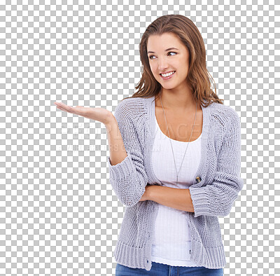 Buy stock photo Happy, show and a thinking woman with space isolated on a transparent png background. Smile, idea and a branding manager with a hand gesture for advertising, marketing or promotion of a product