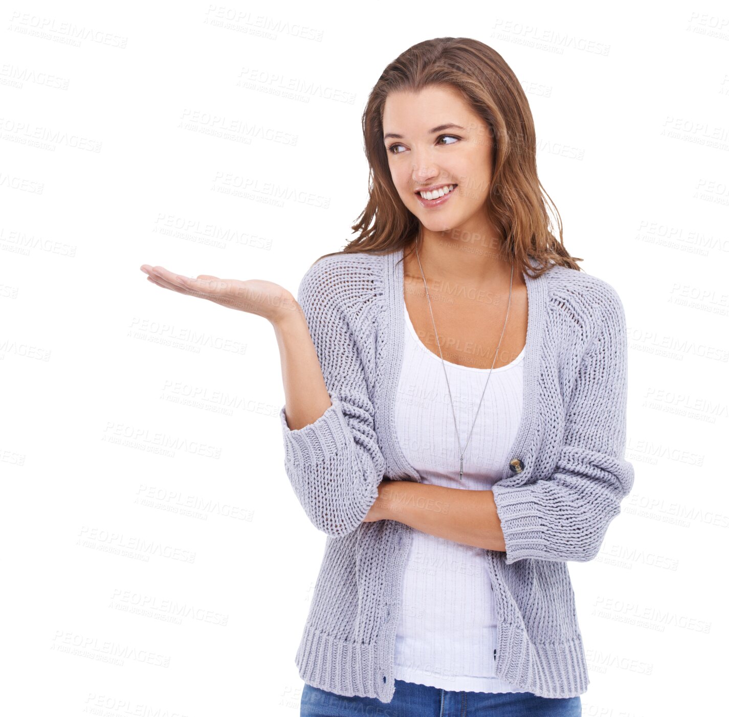 Buy stock photo Happy, show and a thinking woman with space isolated on a transparent png background. Smile, idea and a branding manager with a hand gesture for advertising, marketing or promotion of a product