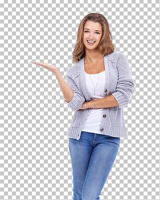 Buy stock photo Portrait, fashion and product in the hand of a woman isolated on a transparent background for advertising. Happy, smile and offer with an attractive young female marketing in trendy clothes on PNG