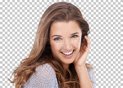 Buy stock photo Portrait, beauty and hair with a model woman isolated on a transparent background for trendy style. Face, happy and smile with an attractive young female person at the hairdresser or salon on PNG