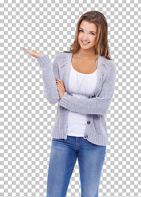 Buy stock photo Portrait, fashion and offer with a woman isolated on a transparent background for marketing or branding. Happy, smile and product with an attractive young female brand ambassador advertising on PNG