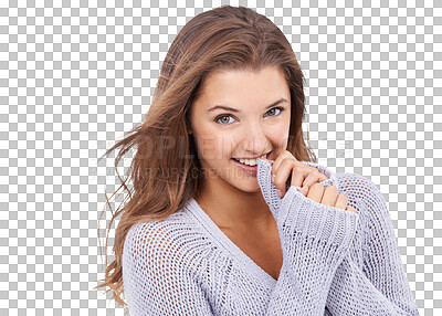 Buy stock photo Portrait, winter fashion and PNG with a woman biting her sleeve isolated on a transparent background. Happy, smile and lifestyle with an attractive young female person in clothes for trendy style