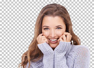 Buy stock photo Portrait, winter fashion and smile with a woman isolated on a transparent background for trendy style. Happy, shy and lifestyle with an attractive young female person posing in a sweater on PNG