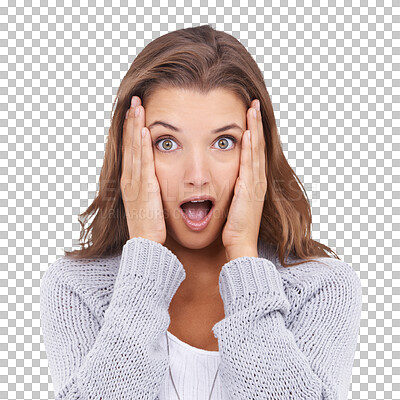 Buy stock photo Portrait, wow and surprise with a woman isolated on a transparent background for an announcement. Face, shock and gossip with an attractive young female person looking surprised at news on PNG