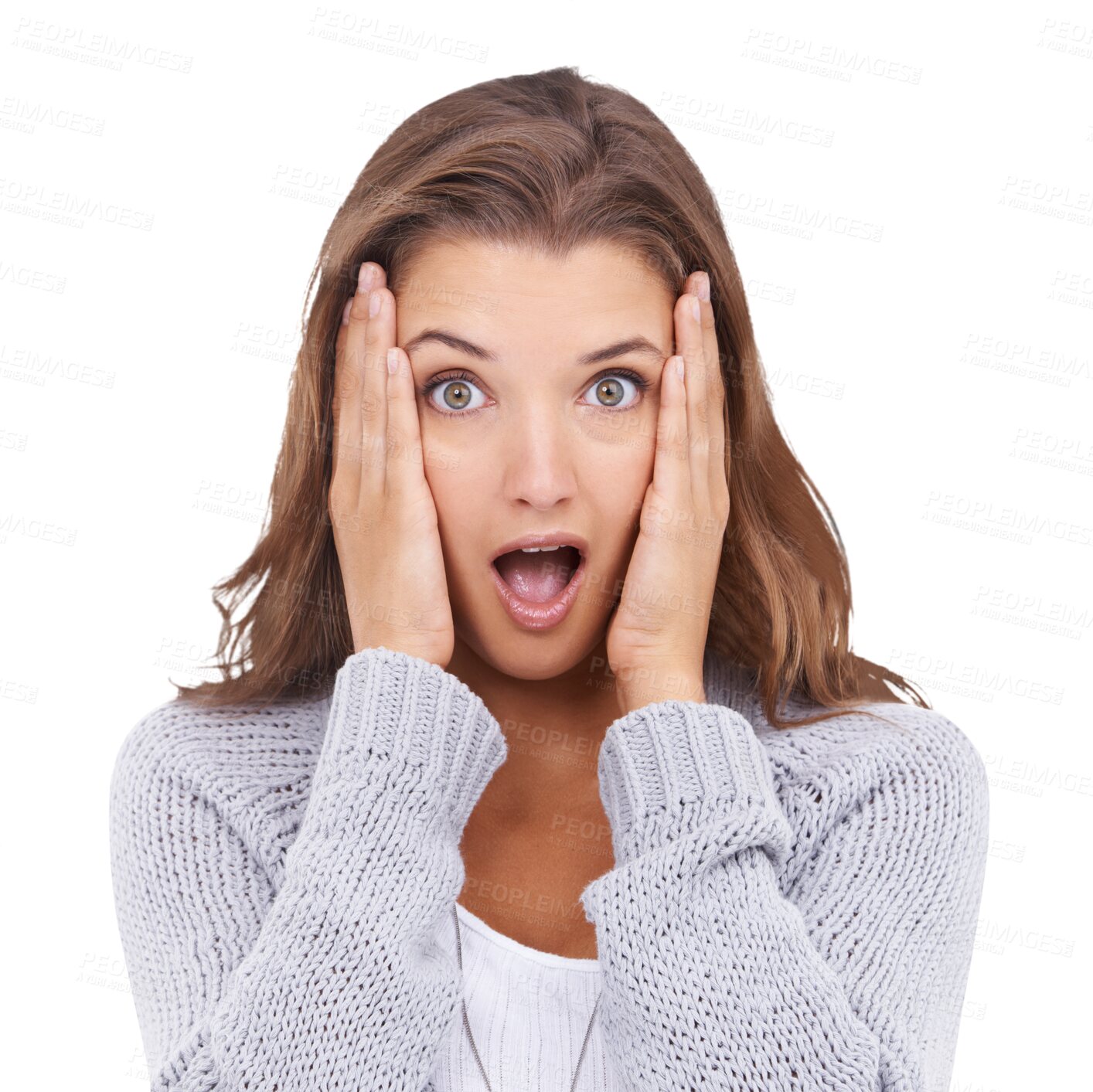 Buy stock photo Portrait, wow and surprise with a woman isolated on a transparent background for an announcement. Face, shock and gossip with an attractive young female person looking surprised at news on PNG