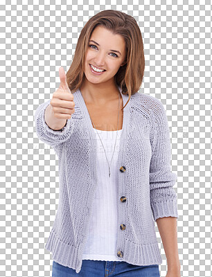 Buy stock photo Portrait, thumbs up and motivation with a woman isolated on a transparent background for support. Happy, smile and like with an attractive young female person posing to say thank you or yes on PNG