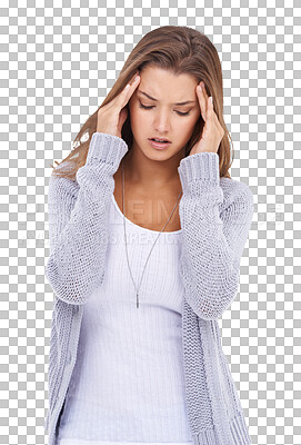 Buy stock photo Isolated young woman, headache and stress with anxiety, pain and worry by transparent png background. Girl, model or college student with mental health, mistake and frustrated with gen z fashion