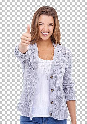 Buy stock photo Portrait, thumbs up and support with a woman isolated on a transparent background to gesture like. Happy, smile and thank you with an attractive young female person showing a yes emoji or icon on PNG