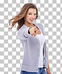 A beautiful young woman pointing at you while isolated on a png background