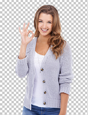 Buy stock photo Perfect, sign and portrait of woman with hand gesture and thank you sign isolated in a transparent or png background. Smile, happy and young person in agreement, success and ok emoji in support