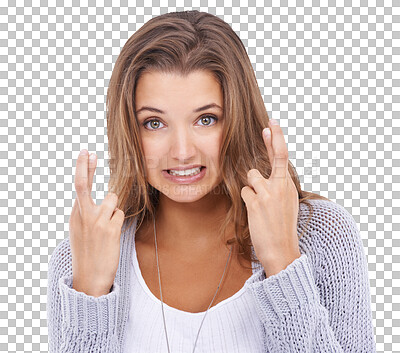 Buy stock photo Isolated woman, portrait and fingers crossed for hope, good luck and anxiety by transparent png background. Student girl, finger sign or emoji with stress for winning, competition or results for exam