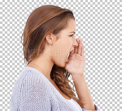 Buy stock photo Shouting, bully and side profile of a woman with communication isolated on a transparent png background. Anger, frustrated and a girl screaming, talking and yelling while being rude and mean