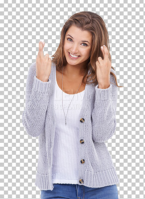 Buy stock photo Hope, woman and smile for good news or wish in png with isolated transparent background for luck. Optimistic, Hopefully and cross finger with wait or wishes for information for happiness.