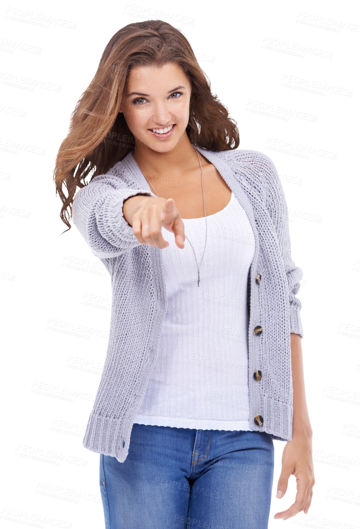 Buy stock photo Portrait, pointing and choice with a woman isolated on a transparent background for decision or vote. Happy, smile or you and an attractive young person making a selection with a finger point on PNG