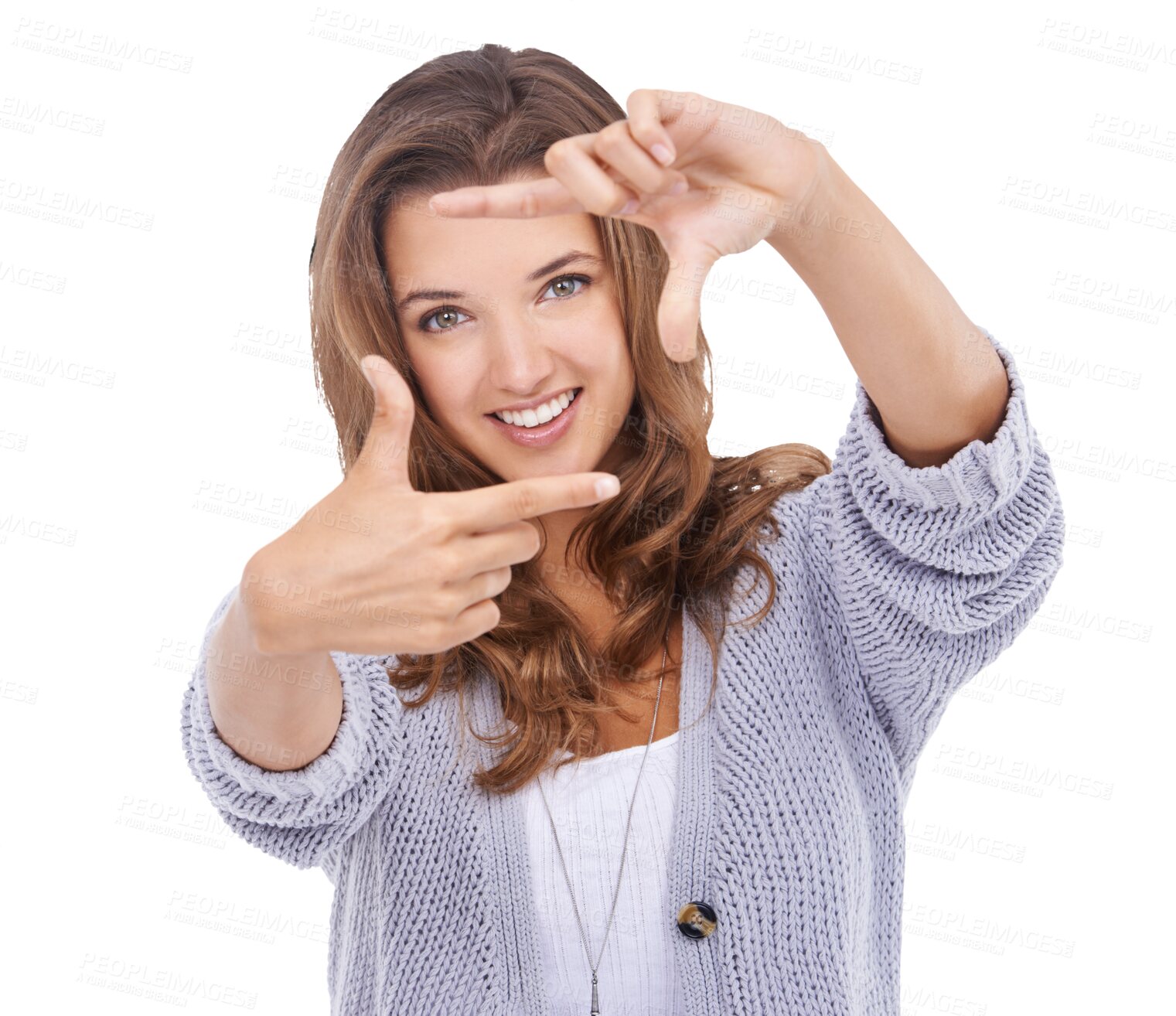 Buy stock photo Isolated woman, fingers frame and portrait with smile, fashion and creativity by transparent png background. Girl, model or student with finger, hands and beauty for photography influencer with icon