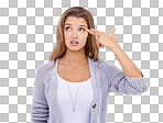 A young woman pointing her finger against her head while isolated on a png background