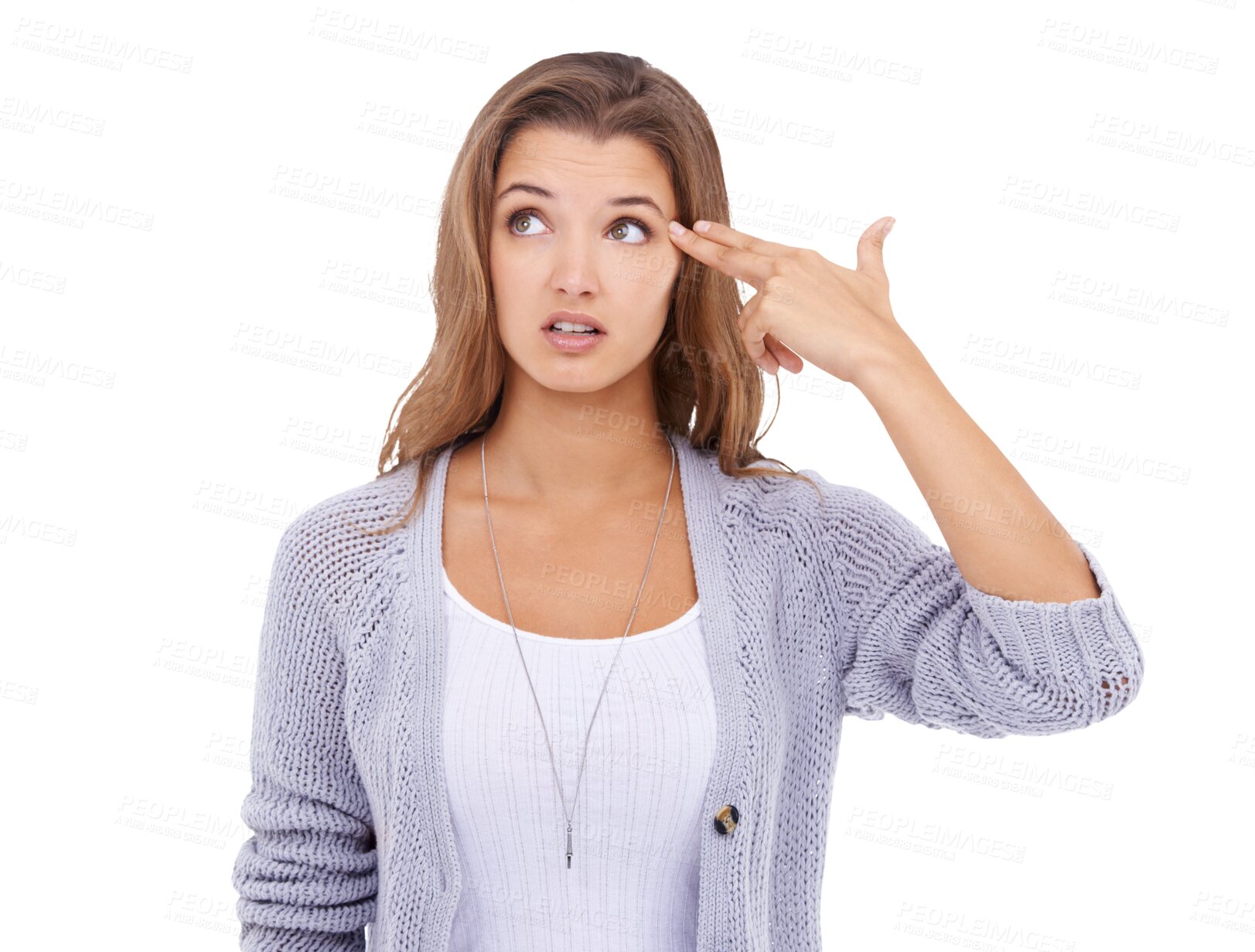 Buy stock photo Frustrated, woman and finger for gun on head to gesture suicide, shooting or pistol on isolated, png or transparent background. Girl, hand and expression for killing, pointing fingers to shoot