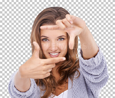 Buy stock photo Isolated woman, finger frame and portrait with smile, fashion and creativity by transparent png background. Girl, model or student with fingers, hands and beauty for photography  influencer with sign