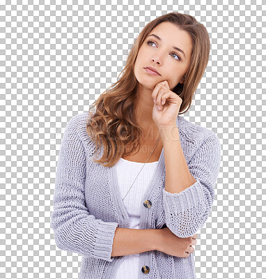 Buy stock photo Thinking, face and a woman with a decision or idea isolated on a transparent, png background. Young female model person from Canada think of doubt, choice and strategy or question for problem solving