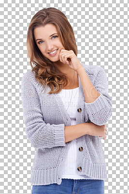 Buy stock photo Portrait, fashion and happy woman isolated on a transparent, png background with casual style and clothing. Young, beautiful person or model from UK in comfortable clothes, jersey and jeans