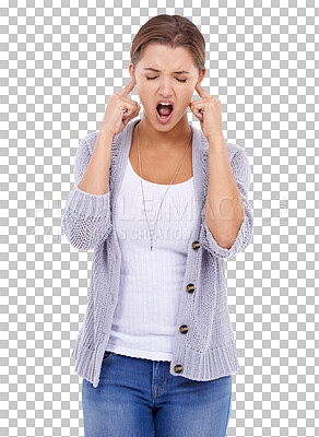 Buy stock photo Isolated woman, frustrated and fingers in ears for anxiety, stress and shout by transparent png background. Girl, model and student with mental health, anger and overwhelmed by study, test and exam