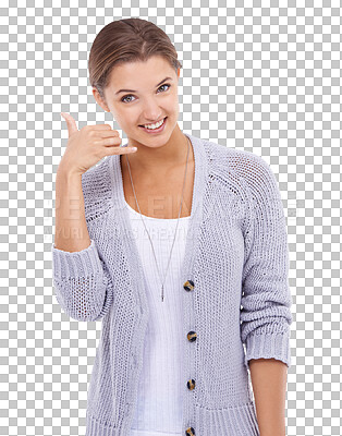 Buy stock photo Portrait, fashion and call me with a woman isolated on a transparent background for communication style. Face, happy or hand gesture with an attractive young female model on PNG for phone networking