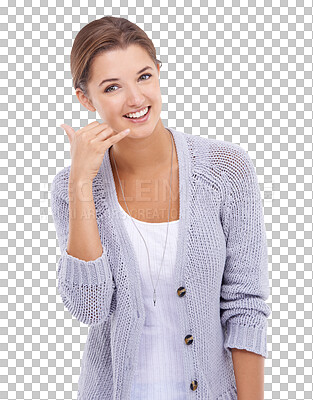 Buy stock photo Portrait, fashion and phone call with a model woman isolated on a transparent background for communication. Smile, happy or networking with an attractive young person holding a hand mobile on PNG