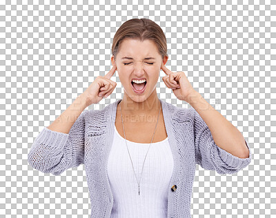 Buy stock photo Isolated woman, shout and fingers in ears for anxiety, stress and frustrated by transparent png background. Girl, model and student with mental health, anger and overwhelmed by study, test and exam