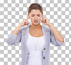 A young woman blocking her ears with an expression of annoyance isolated on a png background