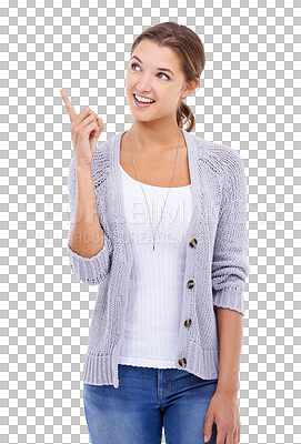 Buy stock photo Woman, happy and pointing finger with a smile isolated on a transparent, png background. A young female model person from Canada with hand sign to show advertising promotion, choice or announcement