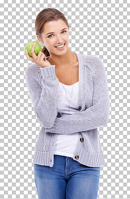 Buy stock photo Portrait, smile and apple with a model woman isolated on a transparent background for healthy nutrition. Food, happy or diet with an attractive young female person holding a fruit for health on PNG