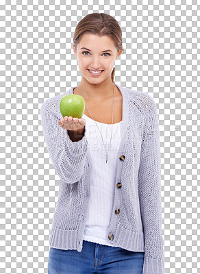 Buy stock photo Portrait, apple and offer of woman isolated on transparent, png background for healthy food, healthcare or nutritionist diet. Vegan person or model with green fruit for dietician, self care or choice