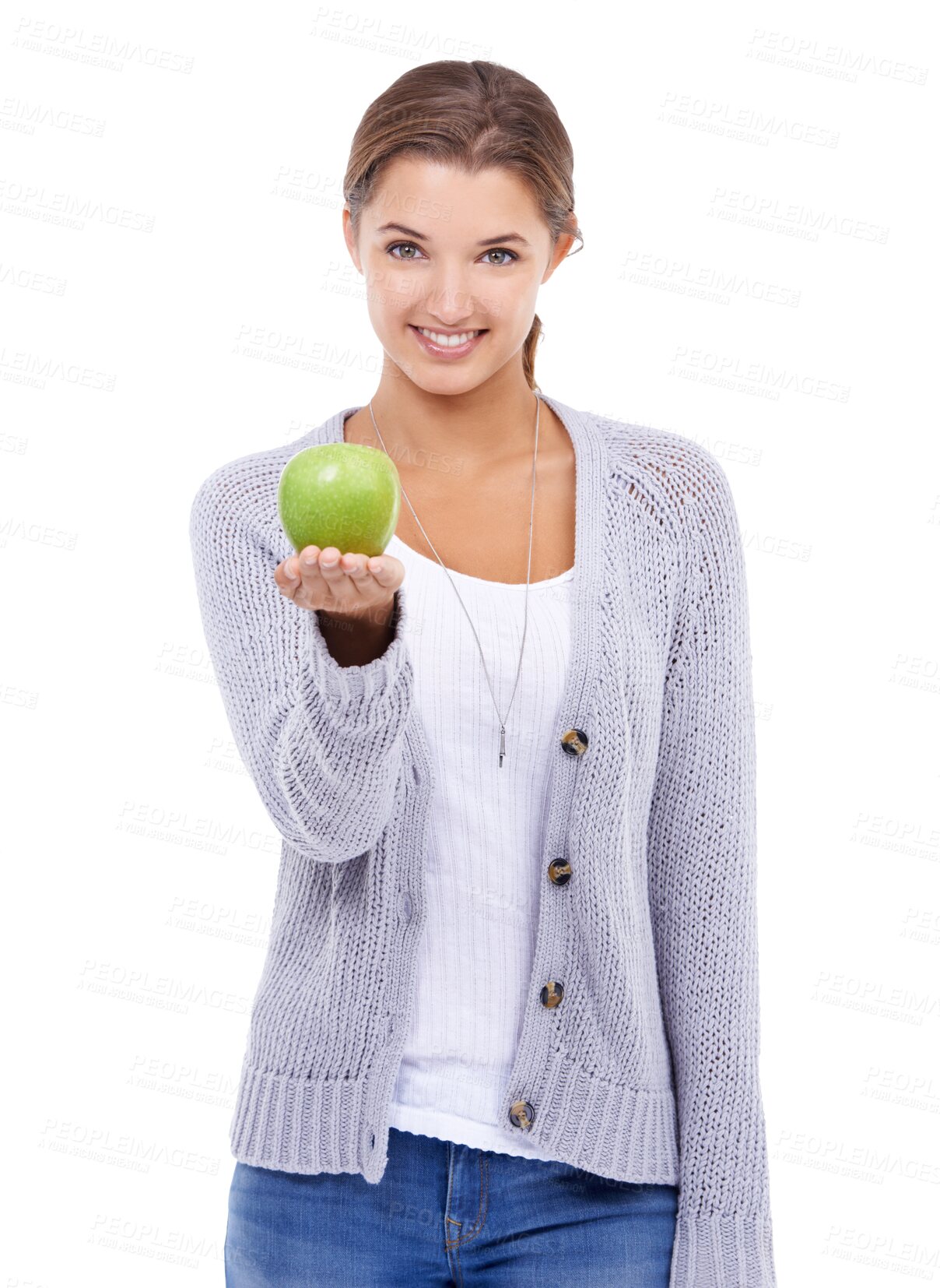 Buy stock photo Portrait, apple and offer of woman isolated on transparent, png background for healthy food, healthcare or nutritionist diet. Vegan person or model with green fruit for dietician, self care or choice