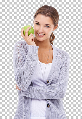 Buy stock photo Portrait, happy and apple with a model woman isolated on a transparent background for health or nutrition. Food, smile or diet with an attractive young female person holding a green fruit on PNG