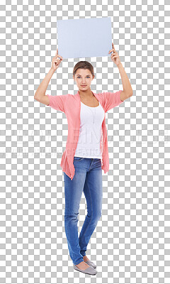 Buy stock photo Portrait, poster and mockup information with a woman isolated on a transparent background for an ad. Happy, marketing or branding space with an attractive young female person holding a sign on PNG