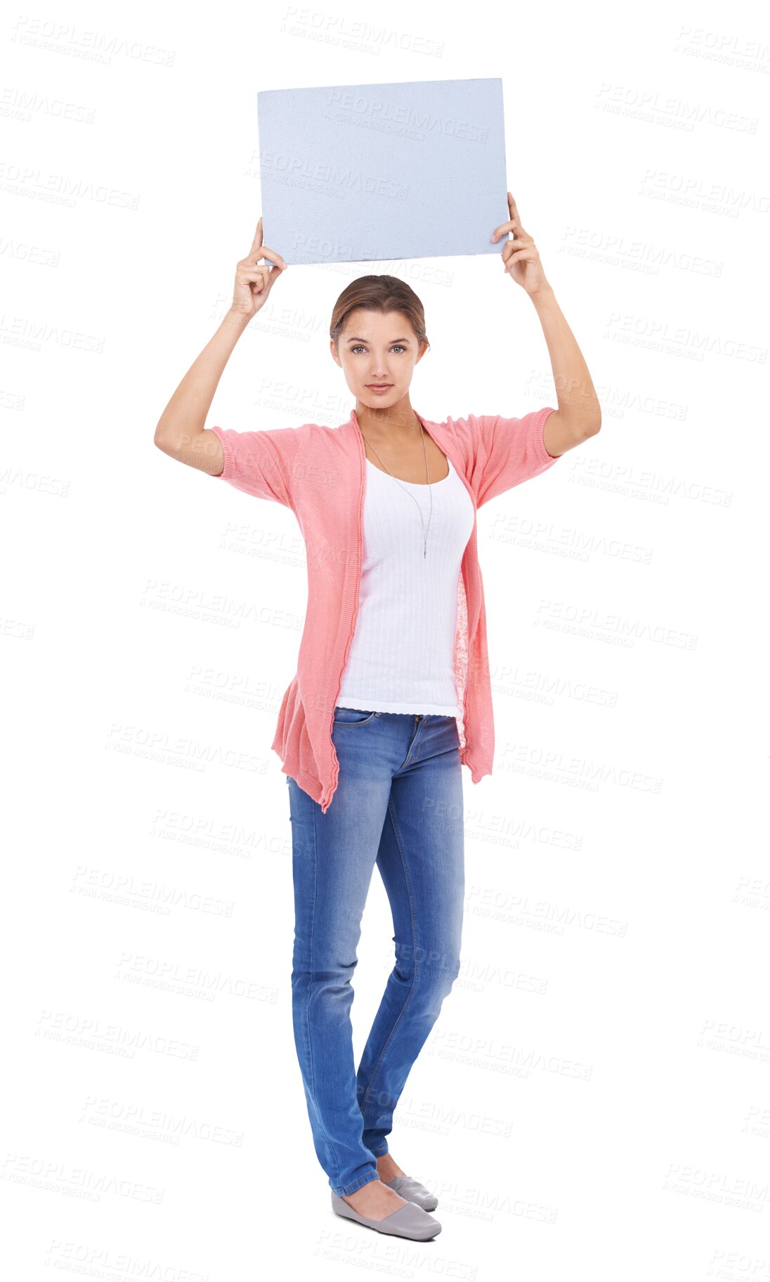 Buy stock photo Portrait, poster and mockup information with a woman isolated on a transparent background for an ad. Happy, marketing or branding space with an attractive young female person holding a sign on PNG