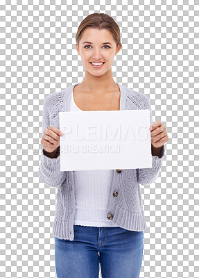 Buy stock photo Portrait, poster and mock up with a model woman isolated on a transparent background for information. Smile, marketing or advertising with an attractive young person holding an empty sign on PNG