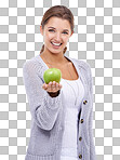 A gorgeous young brunette holding an apple while isolated on a png background