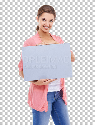 Buy stock photo Portrait, poster and mock up space with a woman isolated on a transparent background for information. Happy, marketing or branding with an attractive young female person holding a blank sign on PNG