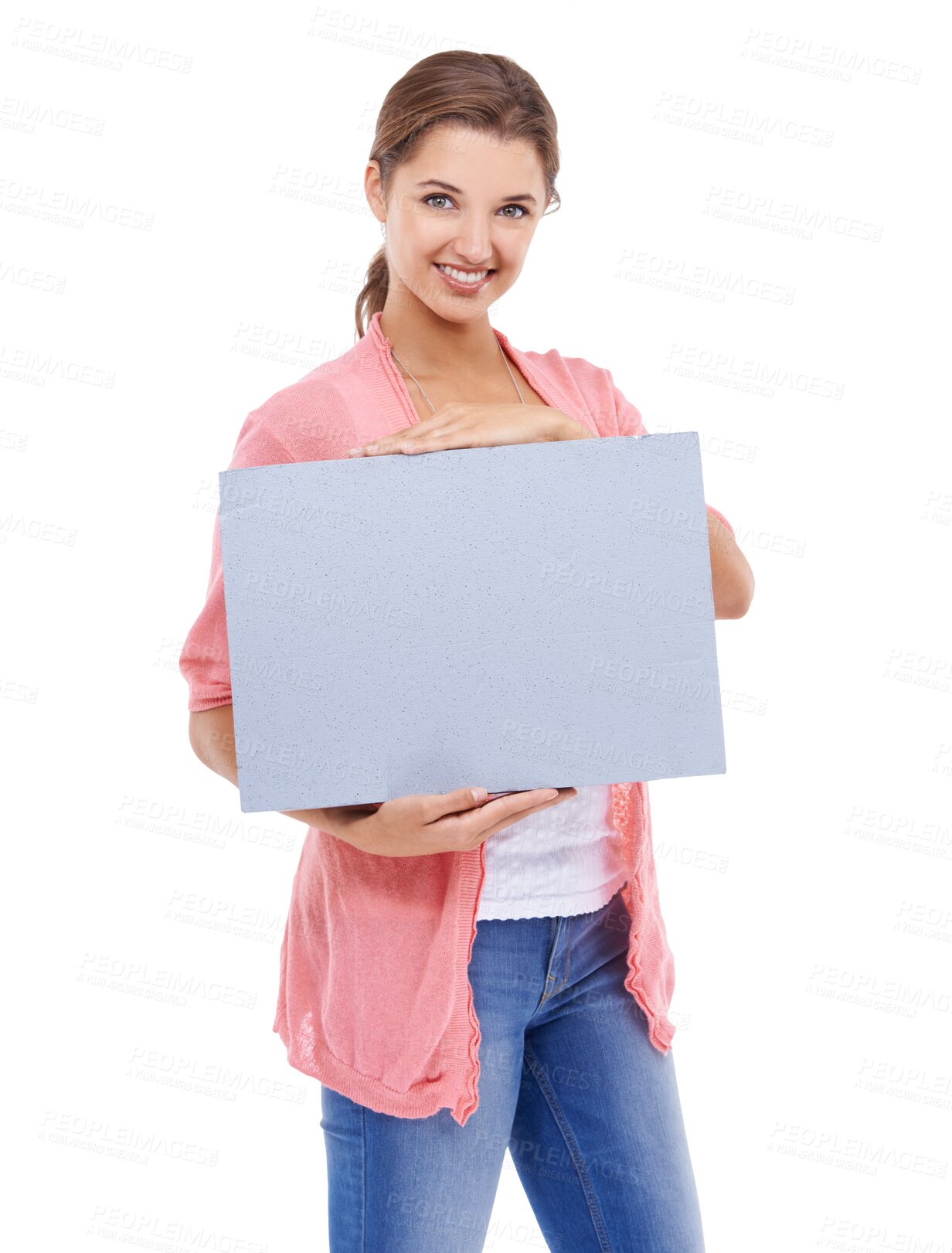 Buy stock photo Portrait, poster and mock up space with a woman isolated on a transparent background for information. Happy, marketing or branding with an attractive young female person holding a blank sign on PNG