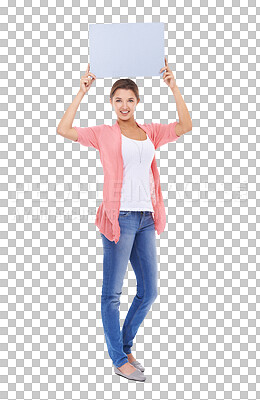 Buy stock photo Portrait, poster and empty mockup with a woman isolated on a transparent background for information. Smile, marketing or advertising with a happy young female person holding a branding sign on PNG