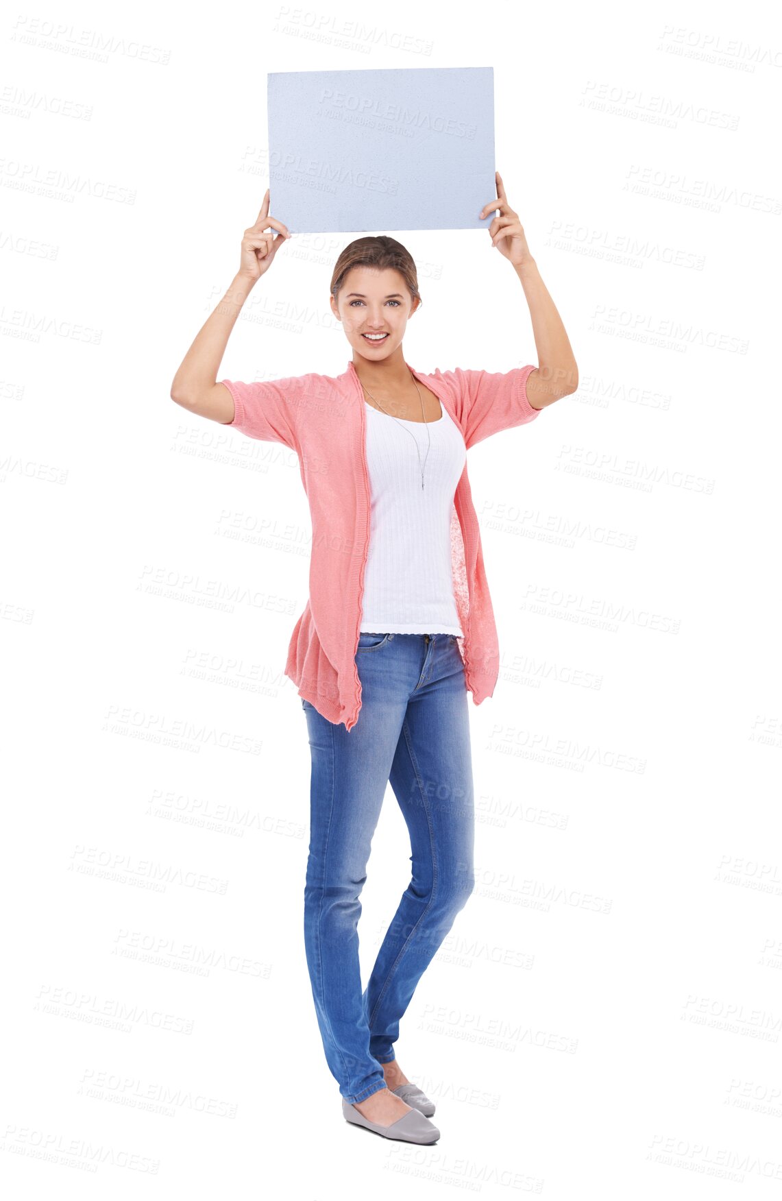 Buy stock photo Portrait, poster and empty mockup with a woman isolated on a transparent background for information. Smile, marketing or advertising with a happy young female person holding a branding sign on PNG