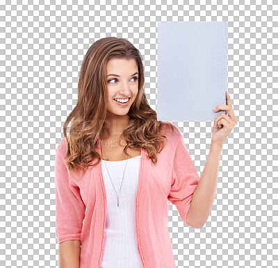 Buy stock photo Mockup, portrait or happy woman with poster, placard or billboard for promotion or advertising on poster. Empty sign, banner or girl sales model smiling on isolated on transparent png background 